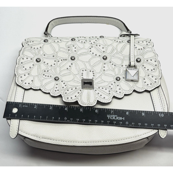 Michael Kors Cassie Large Satchel Leather Handbag Optic White Floral Cutout New - Picture 6 of 14